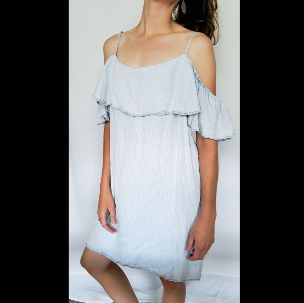 Denim Pinstripe Ruffle Midi Dress